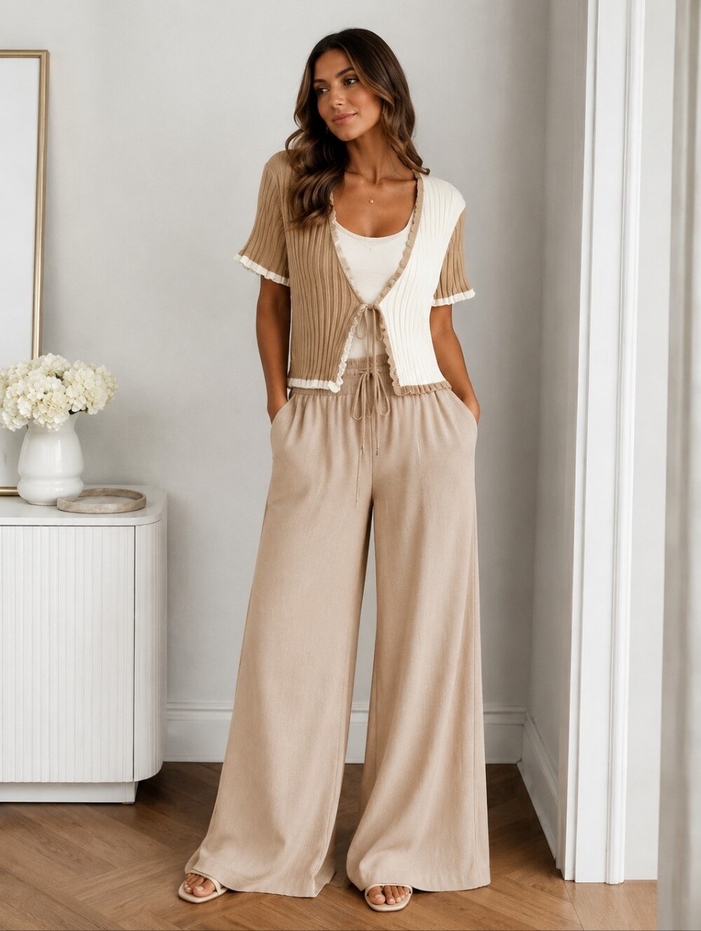 Ruffle Tie-Front Cardigan in Cream & Tan With Ruffle Trim- Size L- Like New